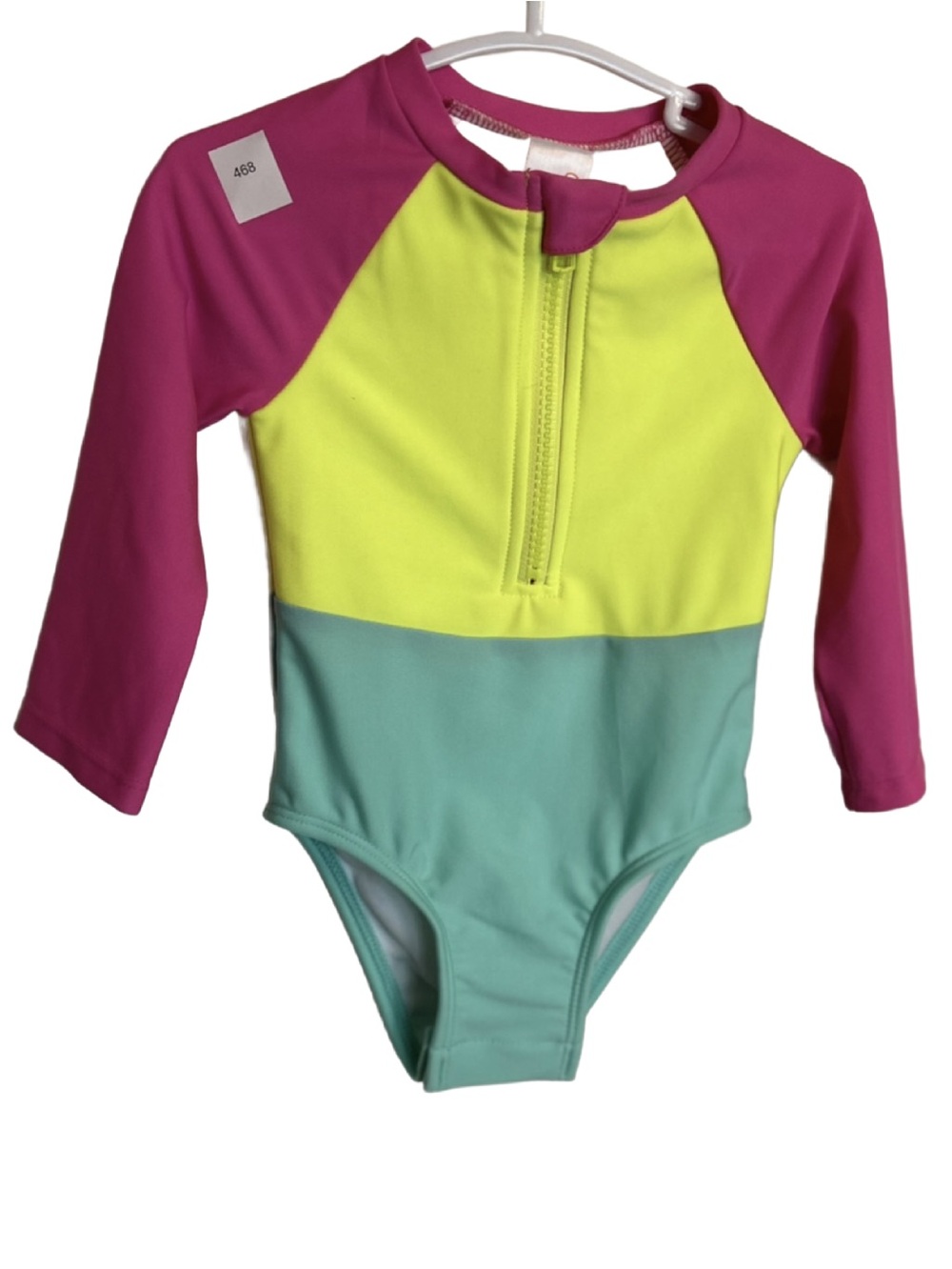 Cat & Jack, neon color block long-sleeve rash guard one-piece swimsuit, 12m NWT